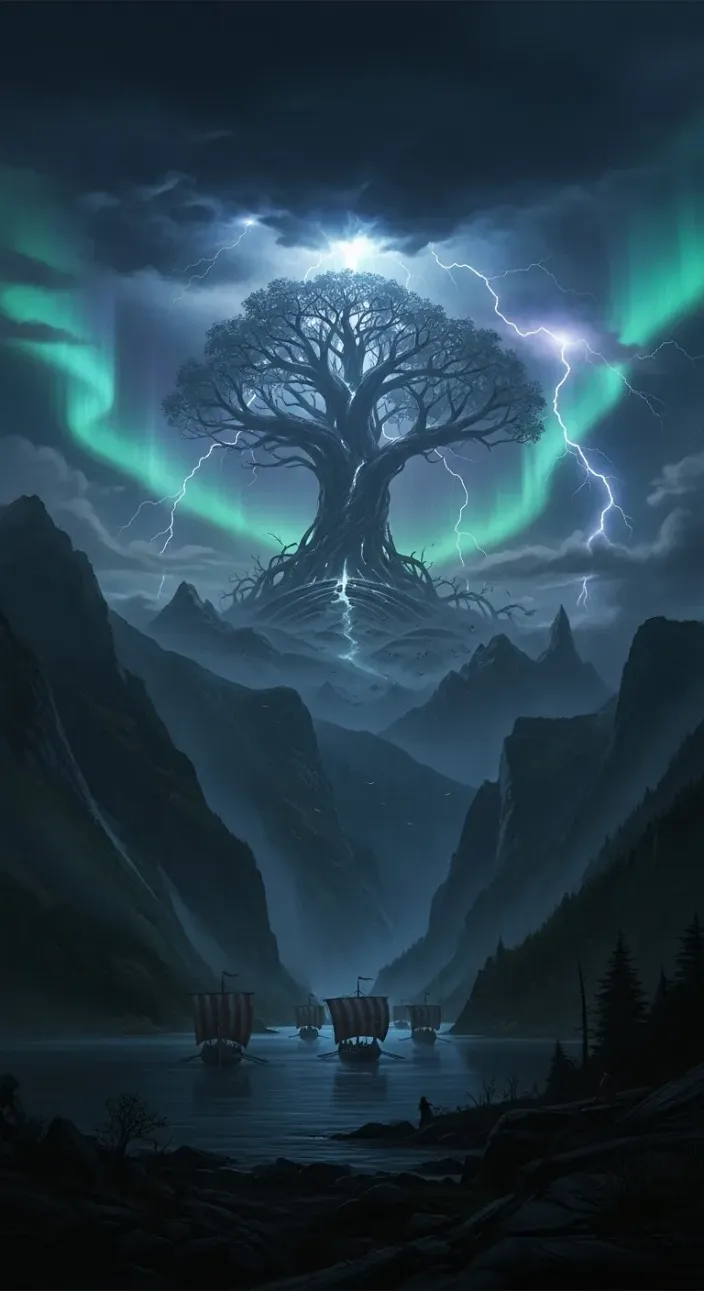 A snow-bound Norse landscape beneath the World-Tree